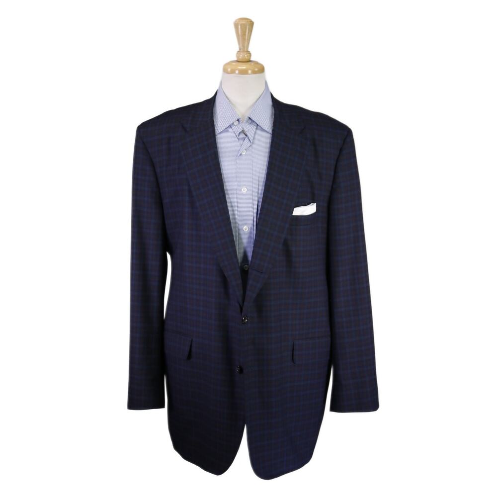 JPT Patton Custom Clothiers Blue Brown Check 2-Btn Wool Sportcoat Blazer 52XL